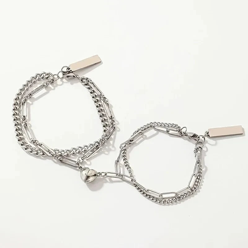 Couples Magnetic Heart Cuban & Paperclip Chain Bracelet Set