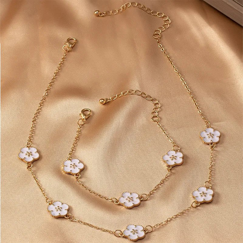 White Accented Clover Necklace and Bracelet Set