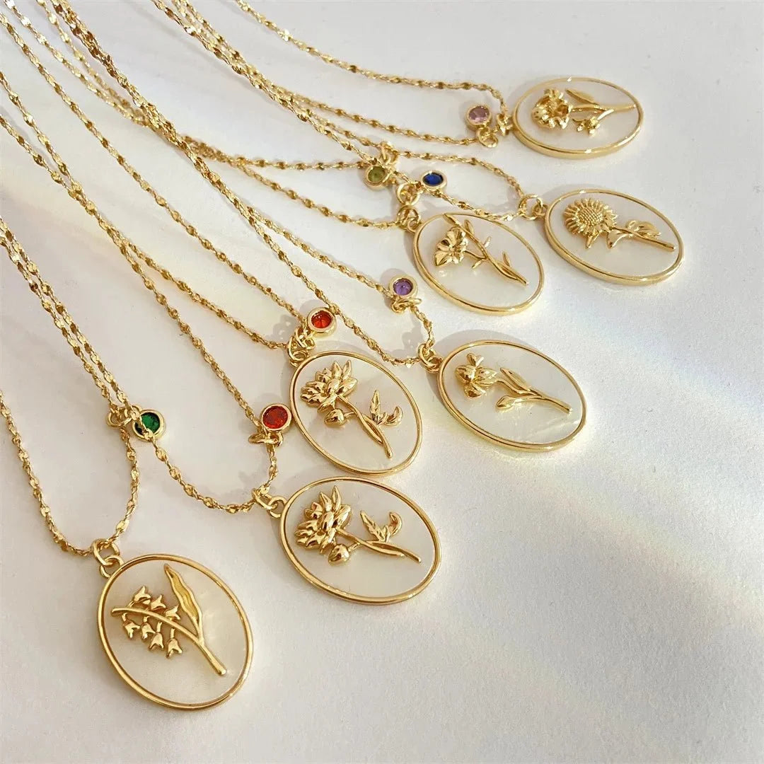 14k Dainty Birth Month Stone & Flower Charm Necklace