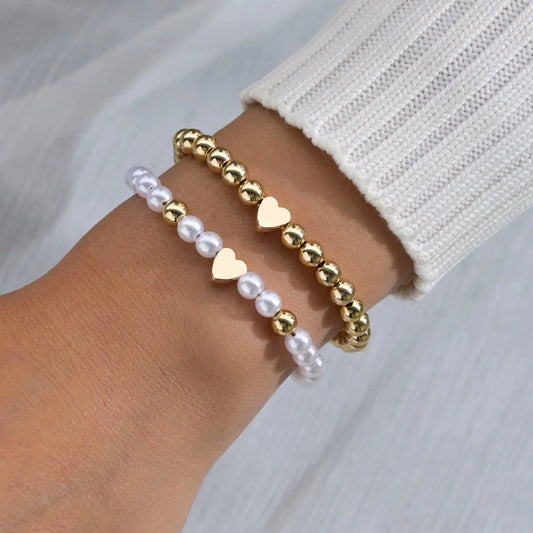 2pcs Classy White & Gold Beaded Heart Bracelets