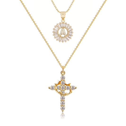 2pc 14k Diamond Cross Crown & Initial Necklace Set