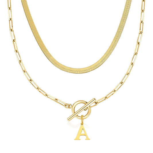 2pc Paperclip Initial Toggle Clasp & Herringbone Necklace Set
