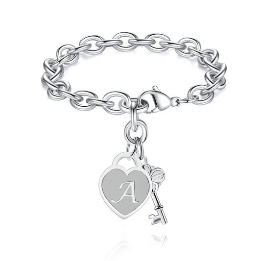 Chunky Clip Heart & Key Letter Initial Bracelet