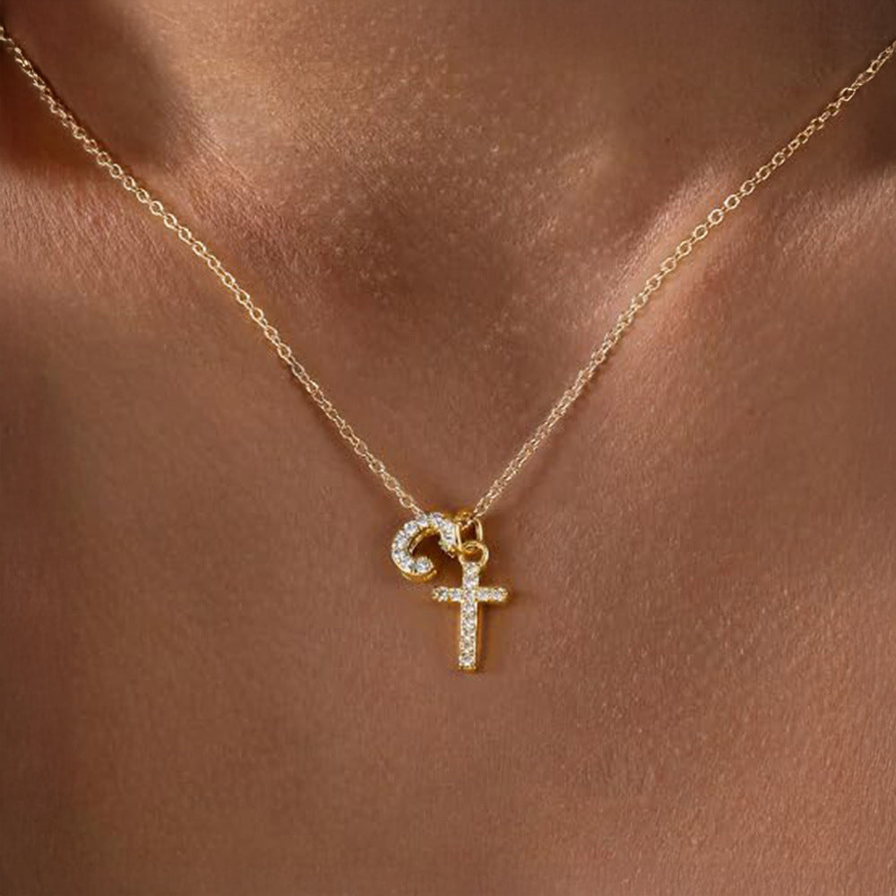 Dainty Diamond Initial & Cross Necklace