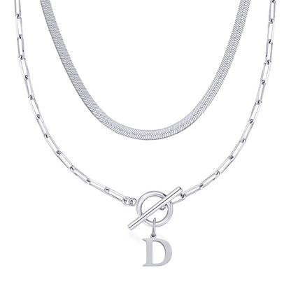 2pc Paperclip Initial Toggle Clasp & Herringbone Necklace Set