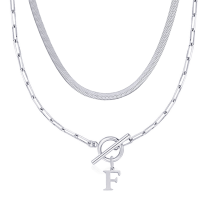 2pc Paperclip Initial Toggle Clasp & Herringbone Necklace Set