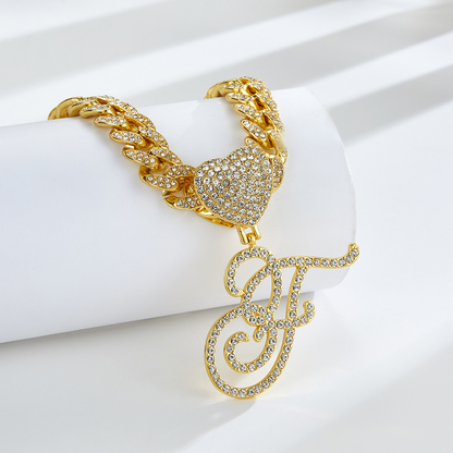 Cursive Diamond Accented Initial Cuban Heart Necklace