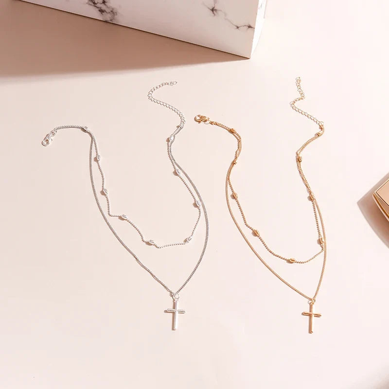 Dainty Layered Choker and Cross Necklace