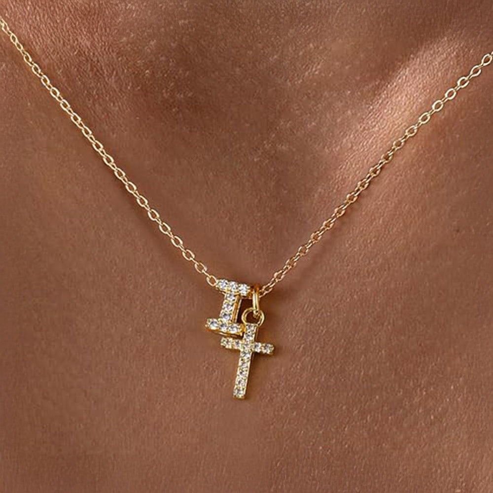 Dainty Diamond Initial & Cross Necklace