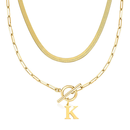 2pc Paperclip Initial Toggle Clasp & Herringbone Necklace Set