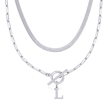 2pc Paperclip Initial Toggle Clasp & Herringbone Necklace Set