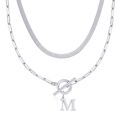 2pc Paperclip Initial Toggle Clasp & Herringbone Necklace Set