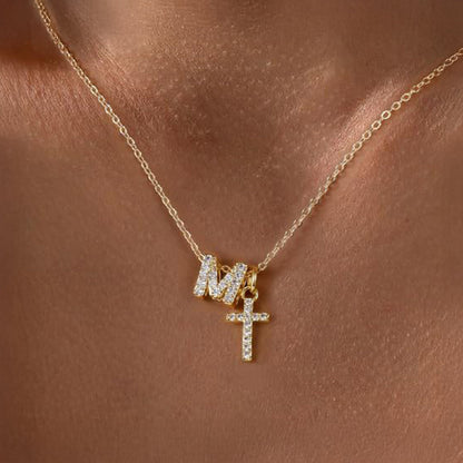Dainty Diamond Initial & Cross Necklace