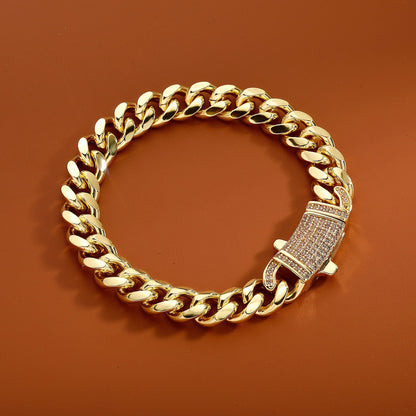 14k Chunky Diamond Accented Clasp Cuban Link Bracelet