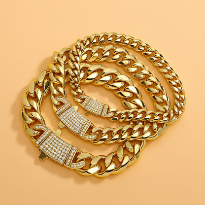 14k Chunky Diamond Accented Clasp Cuban Link Bracelet