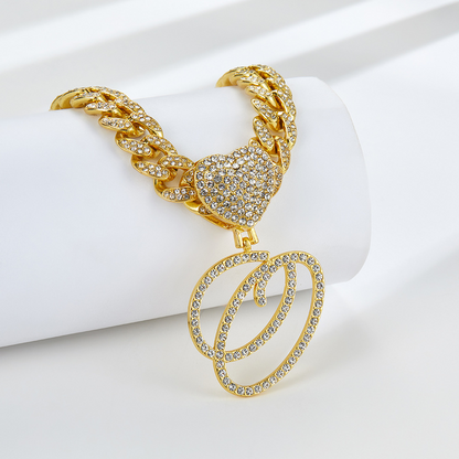 Cursive Diamond Accented Initial Cuban Heart Necklace