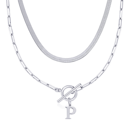 2pc Paperclip Initial Toggle Clasp & Herringbone Necklace Set