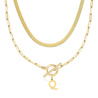 2pc Paperclip Initial Toggle Clasp & Herringbone Necklace Set