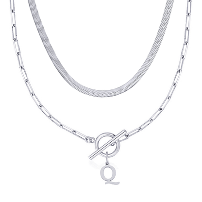 2pc Paperclip Initial Toggle Clasp & Herringbone Necklace Set