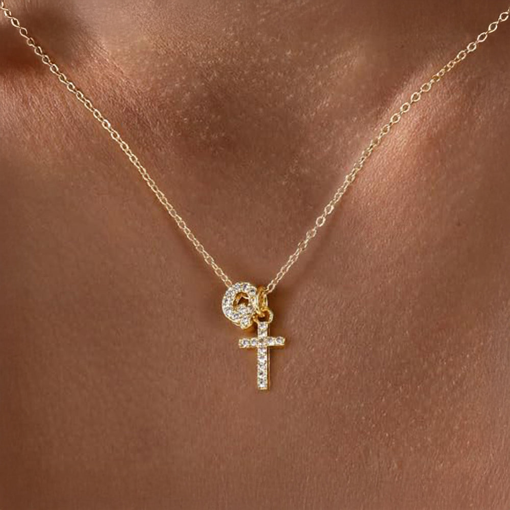 Dainty Diamond Initial & Cross Necklace