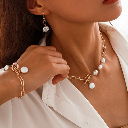 Classy Paperclip Pearl Necklace, Bracelet, and Earrings Set
