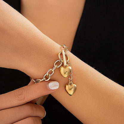 Bold Chunky Chain Link Dual Heart Lariat Necklace & Bracelet