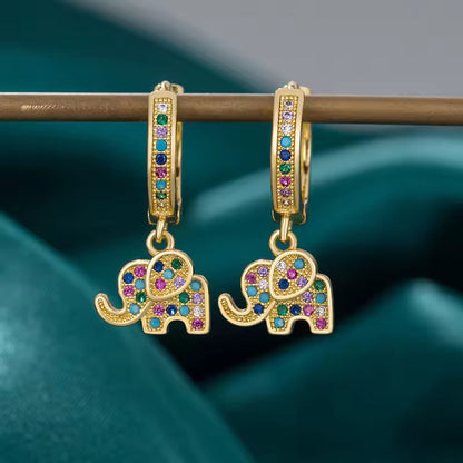 Dainty Colorful Diamond Elephant Outline Earrings