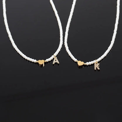 Dainty Beaded Heart Initial Necklace
