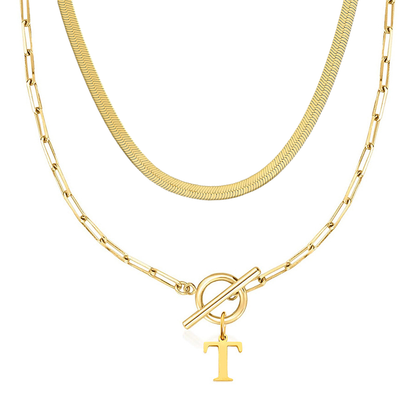 2pc Paperclip Initial Toggle Clasp & Herringbone Necklace Set