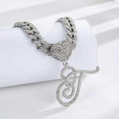 Cursive Diamond Accented Initial Cuban Heart Necklace