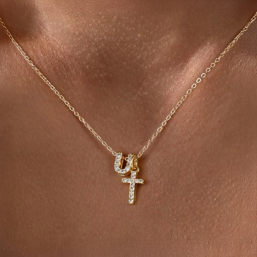 Dainty Diamond Initial & Cross Necklace