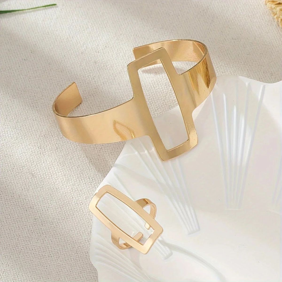 Adjustable Geometric Rectangle Bracelet and Ring Set