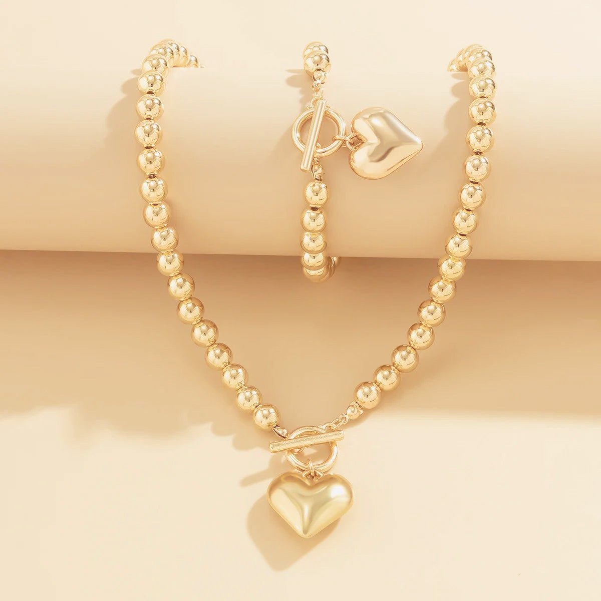 2pc Beaded Heart Pendant Bracelet and Necklace Set