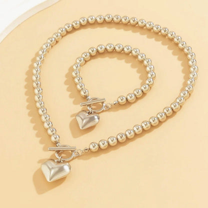 2pc Beaded Heart Pendant Bracelet and Necklace Set
