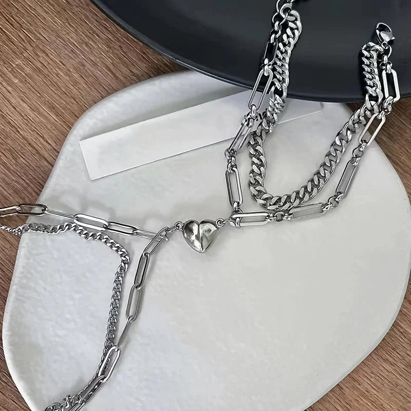 Couples Magnetic Heart Cuban & Paperclip Chain Bracelet Set