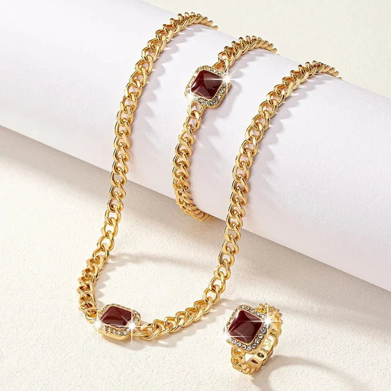 Cuban Square Diamond Necklace, Bracelet, and Ring Set