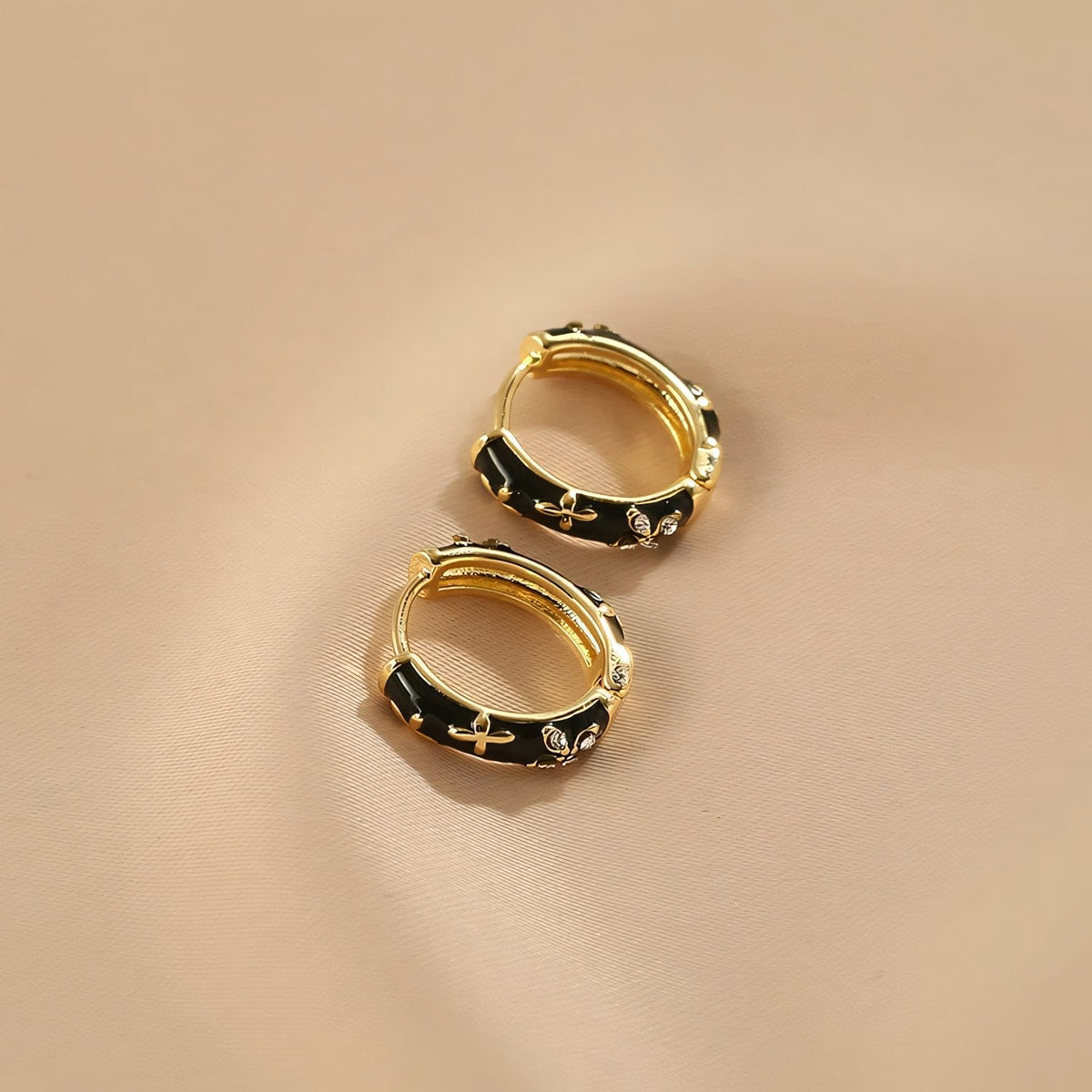 Dainty Black and Gold Floral Hoop Earrings