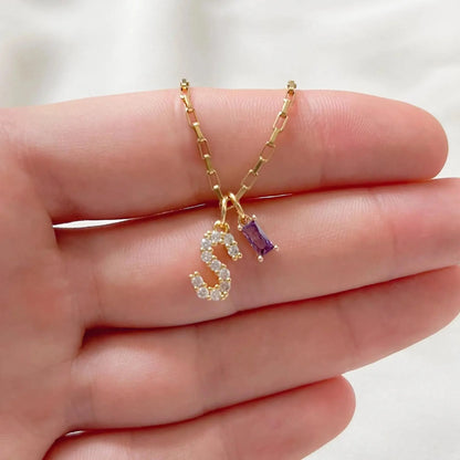 Dainty Diamond Letter Initial & Birthstone Paperclip Chain Necklace