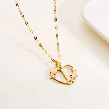 Dainty Floral Accented Heart Letter Initial Necklace