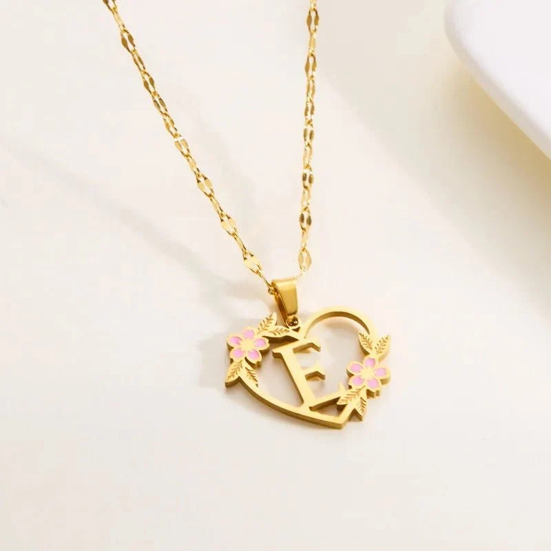 Dainty Floral Accented Heart Letter Initial Necklace