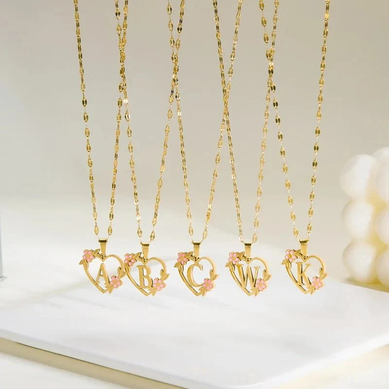 Dainty Floral Accented Heart Letter Initial Necklace