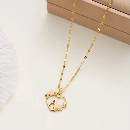 Dainty Floral Accented Heart Letter Initial Necklace