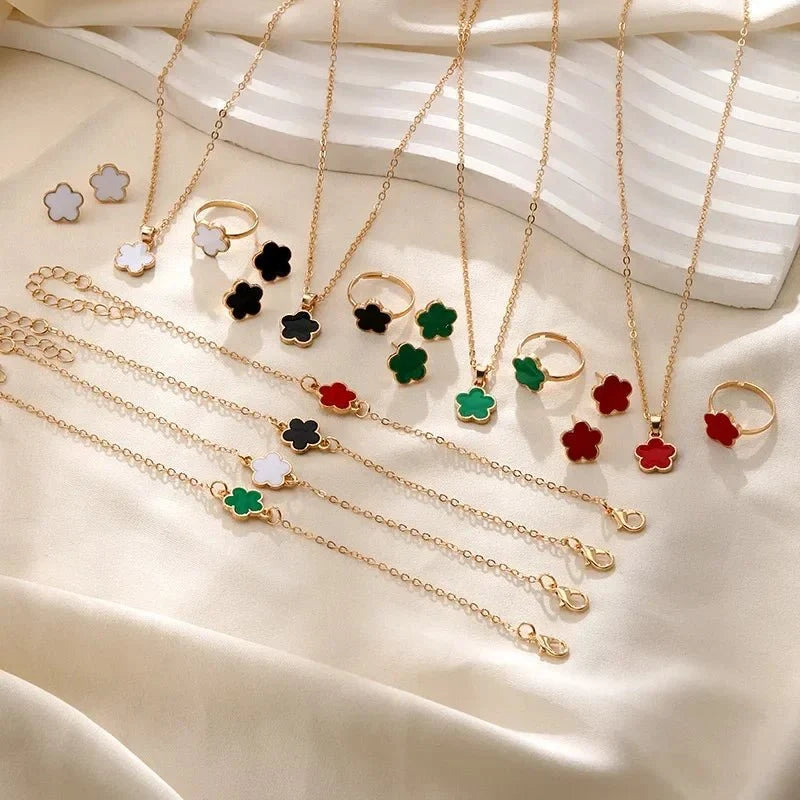 Dainty Lucky Floral Clover Necklace, Bracelet, Earrings, and Rings Set