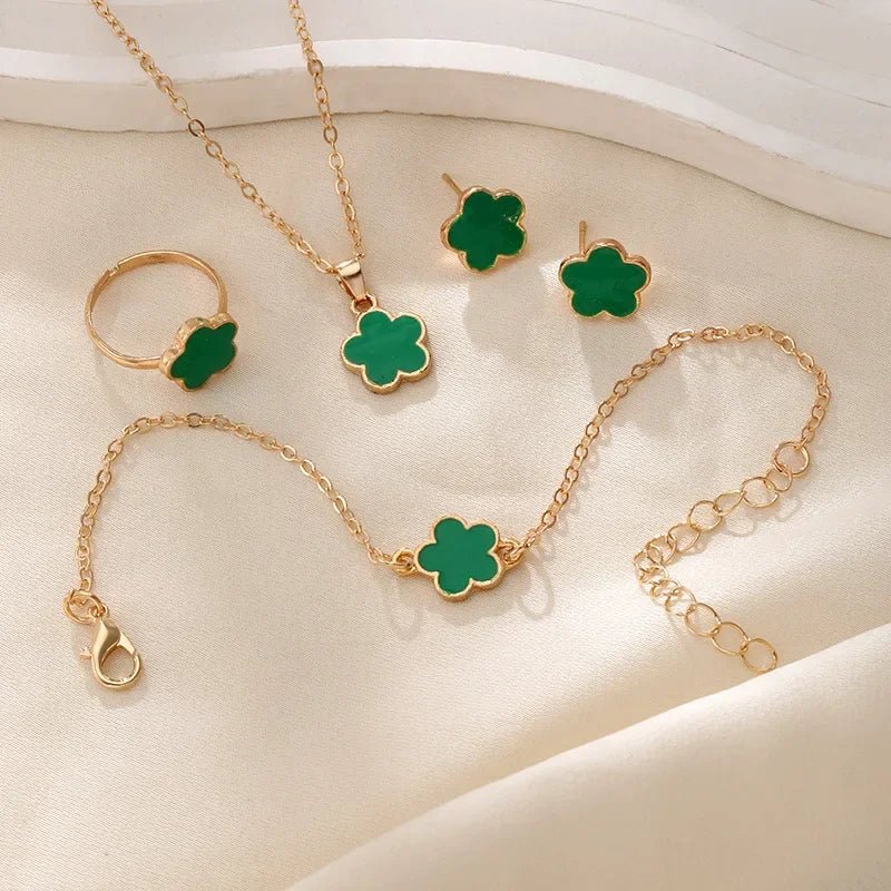 Dainty Lucky Floral Clover Necklace, Bracelet, Earrings, and Rings Set