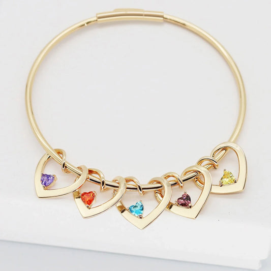 Dainty Name & Birthstone Heart Charm Bangle Bracelet & Necklace