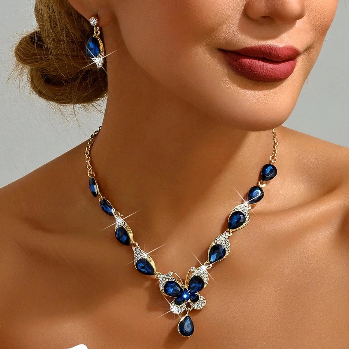 Diamond Gem Set Butterfly Necklace and Earring Set
