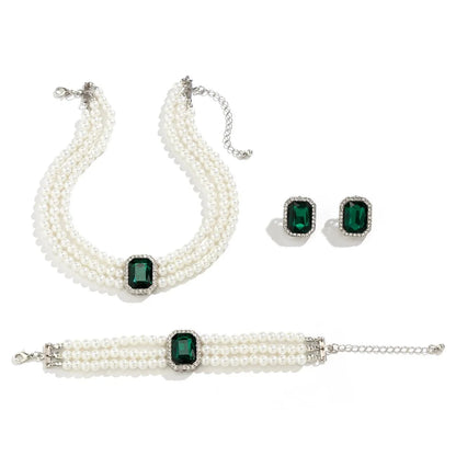 Elegant Pearl Diamond Necklace, Bracelet, and Earring Set