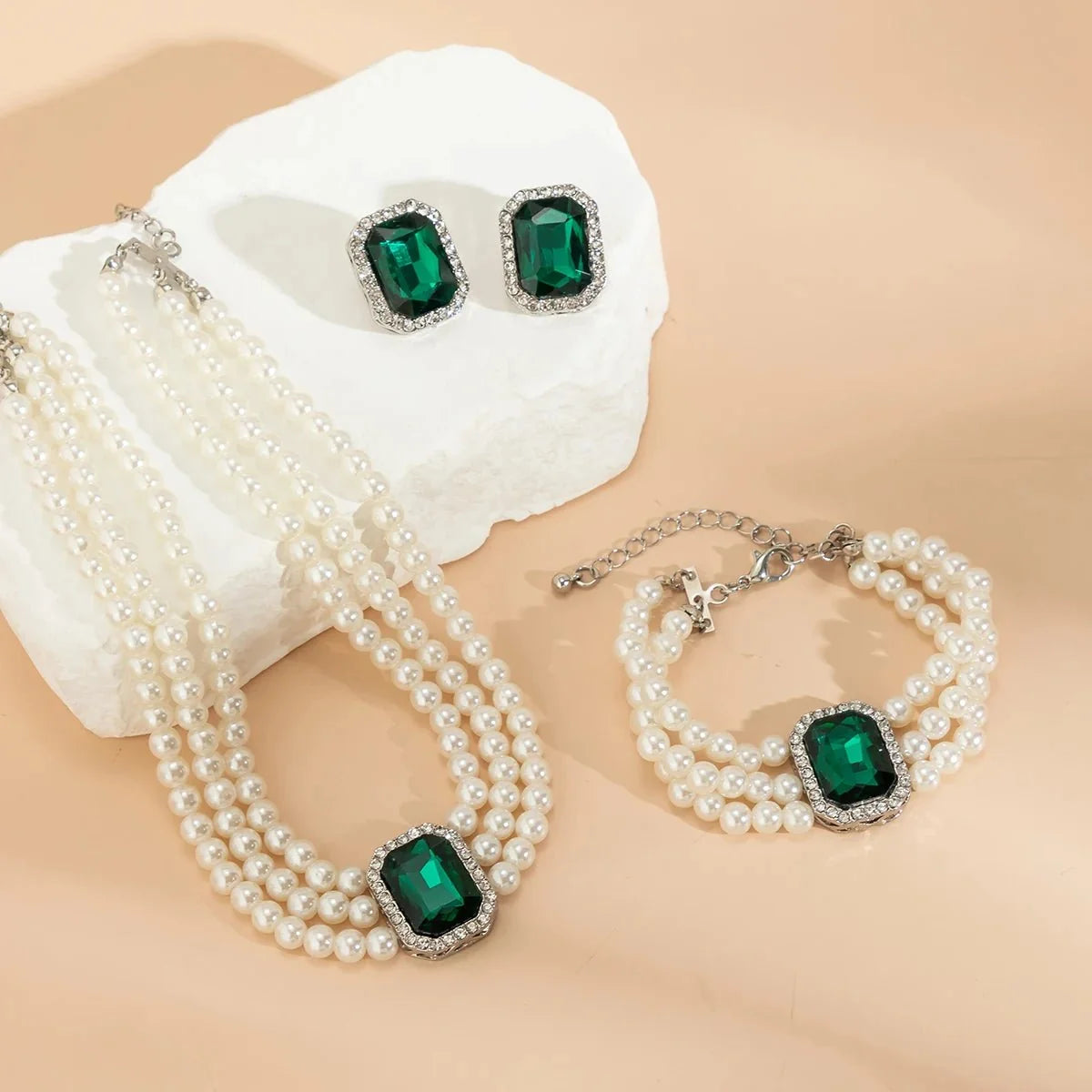 Elegant Pearl Diamond Necklace, Bracelet, and Earring Set