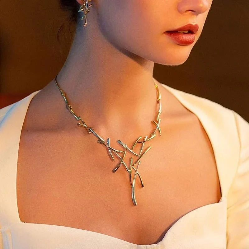 Elegant Two-Tone Branch Cross Necklace and Earring Set