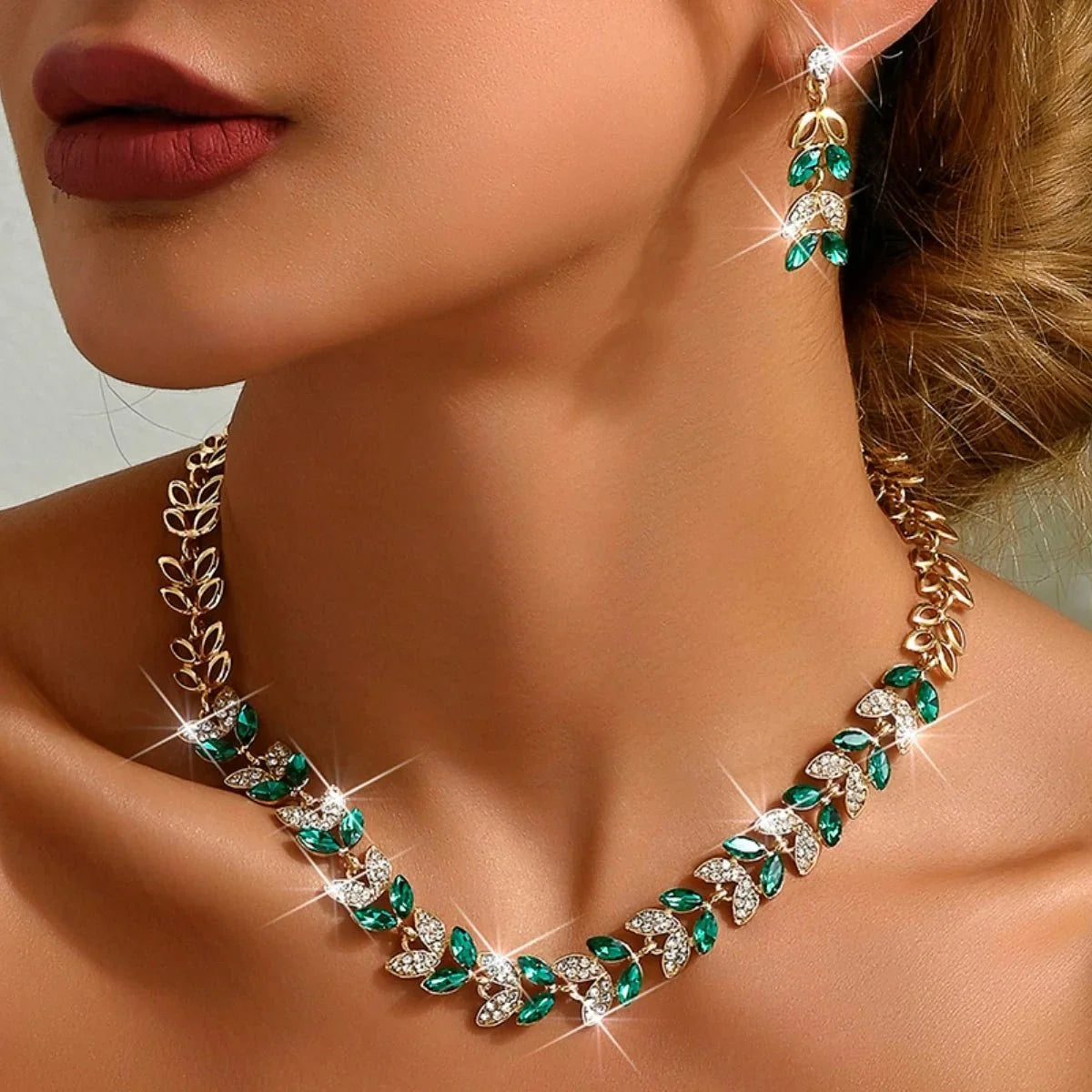 Emerald Leaf Diamond Necklace and Earring Set
